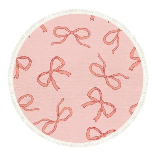 Rosafarbener Schleifen-Teppich, rund, rosa Vintage-Schleifen, nahtloses Muster, handgezeichnete Bänder, Boho-Teppich, Leinen- und Baumwollteppich, Meditationsteppich, waschbar, Flurmatte von DNEWYNPABV