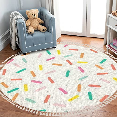 Runde Teppiche, buntes Konfetti, Bäckerei-Thema, Donut-Donut-Cupcake-Zucker, Boho-Teppich, Leinen- und Baumwollteppich, Meditationsteppich, waschbar, Flurmatte, Akzentteppich für Schlafzimmer von DNEWYNPABV