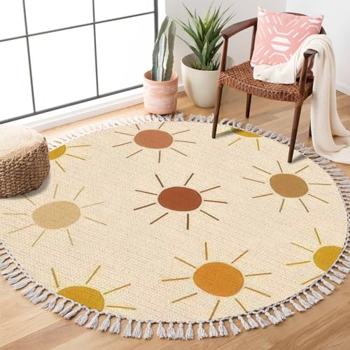 Runder BohoTeppich Sonne nur nahtlos sonnige Punkte Sommer Baby Druck erdig warm trendig Bereich Teppich Leinen Teppich Terrasse Teppich Flur Läufer Teppich Matte Pad Minimalistische Heimdekoration von DNEWYNPABV