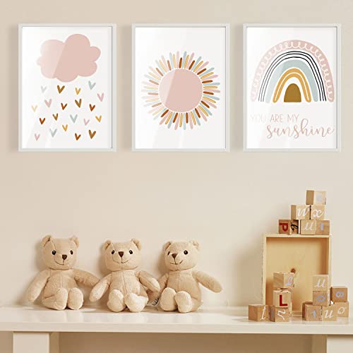 Bilder Kinderzimmer Poster Babyzimmer Mädchen Deko Boho Wandbilder Regenbogen Wolken Sonne Ohne Rahmen für Wohnzimmer Schlafzimmer Wandbild Kinder Junge Mädchen von DNGH