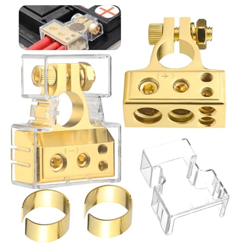 DNGH Batterieklemmen Batterie Polklemmen 0/4/8/10 AWG Autobatterie Klemmen Positiv & Negativ Battery Terminal mit Unterlegscheiben und Abdeckung Gold von DNGH