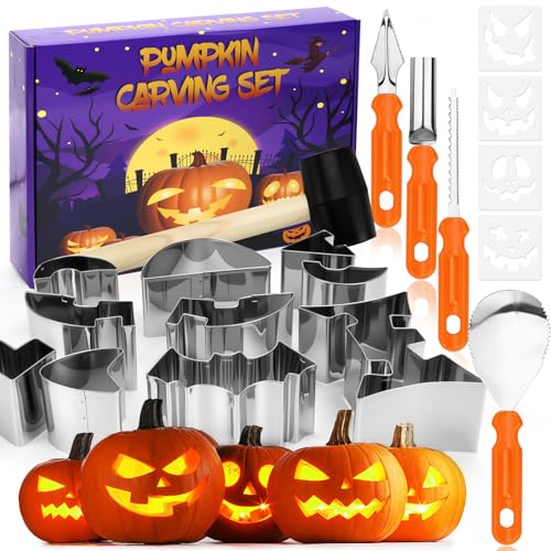 DNGH Halloween Kürbis Schnitzset mit Vorlagen 19 Stück Pumpkin Carving Kit Schnitzwerkzeug Kürbis Schnitzen Kürbisschnitzset mit Ausstechformen Gummihammer für Kinder & Erwachsene von DNGH