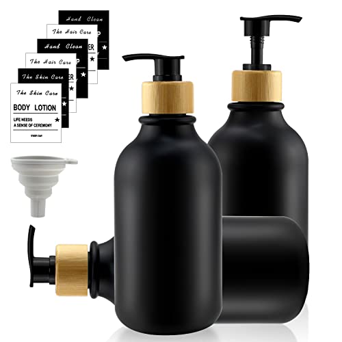 Seifenspender Schwarz Matt Kunststoff Shampoo Flaschen zum Befüllen 3 Stück Pumpflasche 500ml Shampoo Spender Pumpspender mit Aufkleber Funnel für Küche Badezimmer von DNGH