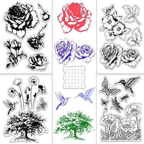 Silikonstempel Clear Stamp Blumen Vintage Scrapbooking Stamps Schmetterling Baum Blätter Frühling Stempelset mit Acrylblock für Bullet Journal DIY Scrapbooking Kartenherstellung Hochzeit(4 Stück) von DNGH