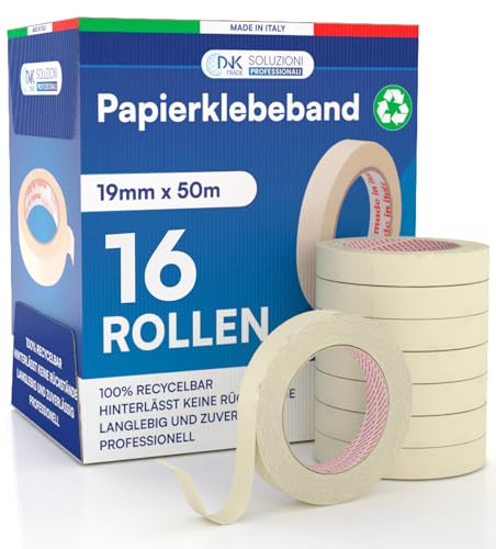 DNK TRADE 16x Malerband 19mm x 50m - Malerkrepp Kreppband - Vielseitiges Klebeband für Malerarbeiten ohne Lösungsmittel - Abklebeband von DNK TRADE