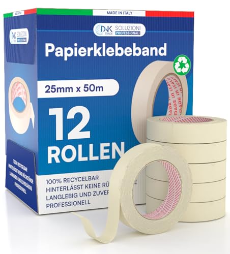 12x Malerband 25mm x 50m - Malerkrepp Kreppband - Vielseitiges Klebeband für Malerarbeiten ohne Lösungsmittel - Abklebeband von DNK TRADE