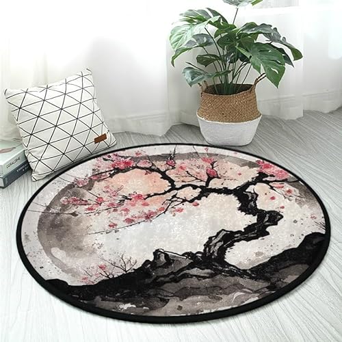 DNOVING RAR-52659437 Teppich, rund, japanischer Kunst-Stil, Kirschblüte, Sakura-Teppich, rutschfest und weich, ideal für Badezimmer, Küche, Wohnzimmer, waschbar und kein Ausfallen, 91 cm von DNOVING