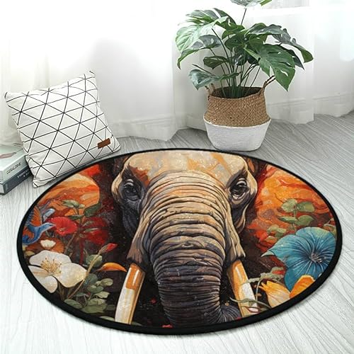 DNOVING Teppich mit Elefanten-Design, rund, 91 cm, weich, rutschfest, waschbar, ideal für Küche, Wohnzimmer, Schlafzimmer, Badezimmer, langlebig und kein Ausfallen von DNOVING