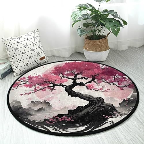 DNOVING Weicher Teppich im japanischen Kunststil, Kirschblüte, Sakura-Design, rund, rutschfest, für Schlafzimmer, Wohnzimmer, waschbar, kein Ausfallen von DNOVING