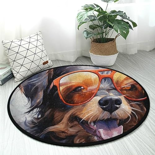Teppich mit Hund mit herzförmiger Sonnenbrille, rund, 91 cm, rutschfest, weich, waschbar, perfekt für Küche, Schlafzimmer, Wohnbereich von DNOVING