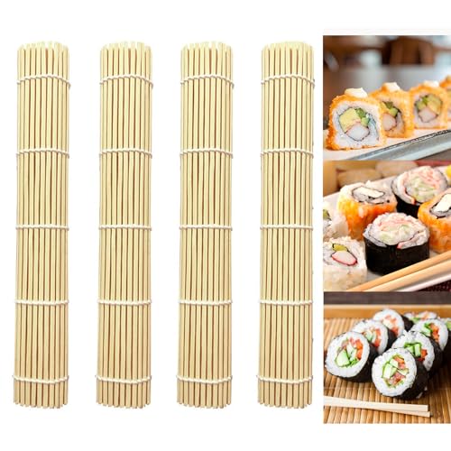 DNSHAN 4 Stück Sushi Matte, Bambusmatte für Sushi, Sushi Roller, DIY Bambusmatte, Anfänger Starterset Sushi Kit für Kitchens/Japanese Restaurants/Picknick Und Sushilovers von DNSHAN