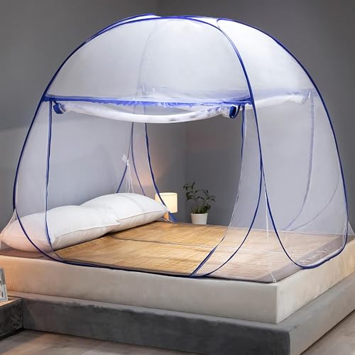 Moskitonetz Bett, Pop Up Reise Moskitonetz Tragbares Doppeleingang Camping Moskitonetz, Passend für 24-Zoll-Koffer im Zusammengeklappten Zustand (180x200x150cm, Blau) von DNTK