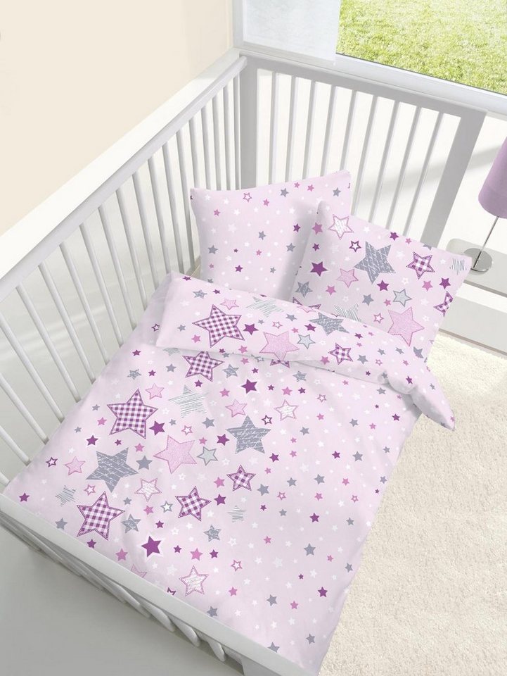 Babybettwäsche Baby Fein Biber Bettwäsche rosa mit Sternen 100x135 + 40x60 cm, DOBNIG von DOBNIG