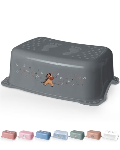 DOCARI Tritthocker Kinder Pferd Grau - Kindertritt Waschbecken stabil und rutschfest - Toilettenhocker Kinder Hocker Badezimmer - Kinderhocker Tritthocker für Kinder Tritt Hocker Kinder Bad von DOCARI