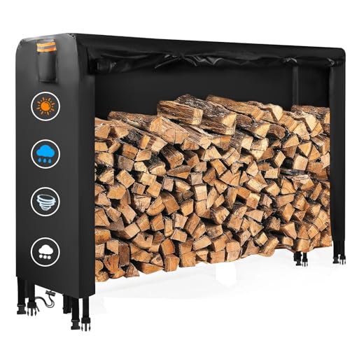 DOCEPERT Kaminholzregalabdeckung für den Außenbereich (Holzregal nicht im Lieferumfang enthalten) – 2,4 m wasserdichte Abdeckung mit Reißverschluss und zu öffnender Frontklappe, 420D Oxford-Gewebe von DOCEPERT