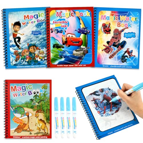DOCHKA 4 Stück Wassermalbuch, Magische Malbücher für Kinder, Wasserbuch für Kinder, Magisches Malbücher Set mit Wasserstift, Water Colouring Book für Jungen und Mädchen von DOCHKA