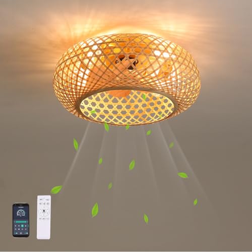 DOCJX Boho Deckenventilator Mit Beleuchtung E27 Bambus Rattan Deckenleuchte Mit Ventilator Retro Schlafzimmer Lampe Und Fernbedienung Leise Dimmbar Ventilator Deckenlampe Wohnzimmer Esszimmer Lüfter L von DOCJX