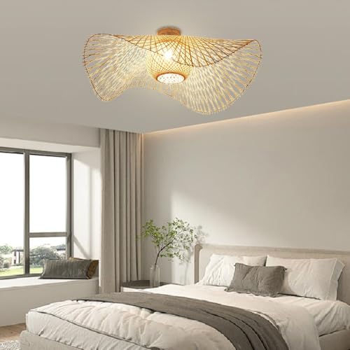 DOCJX Deckenleuchte Bambus E27 Deckenlampe Boho Style Retro Natürliche Gewebte Lampenschirm Rattan Schlafzimmer Lampe Restaurant Licht Landbeleuchtung Esszimmer Hängeleuchten Wohnzimmer Beleuchtung(55 von DOCJX