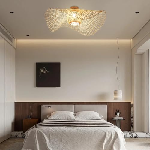 DOCJX Deckenleuchte Bambus E27 Deckenlampe Boho Style Retro Natürliche Gewebte Lampenschirm Rattan Schlafzimmer Lampe Restaurant Licht Landbeleuchtung Esszimmer Hängeleuchten Wohnzimmer Beleuchtung(75 von DOCJX