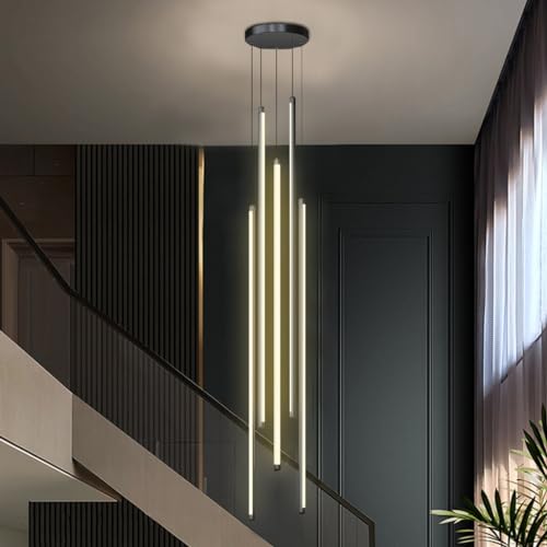 DOCJX LED Treppe Pendelleuchte Modern Treppenleuchte Hängeleuchte Dimmbarer Kronleuchter Aluminium Treppe Licht Höhenverstellbar Deckenleuchte Villa Treppenhaus 3000K–6000K Acryl Wohnzimmer Eingan(Inf von DOCJX