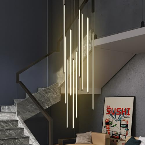 DOCJX LED Treppe Pendelleuchte Modern Treppenleuchte Hängeleuchte Dimmbarer Kronleuchter Aluminium Treppe Licht Höhenverstellbar Deckenleuchte Villa Treppenhaus 3000K–6000K Acryl Wohnzimmer Eingan(War von DOCJX