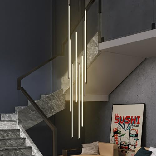 DOCJX LED Treppe Pendelleuchte Modern Treppenleuchte Hängeleuchte Dimmbarer Kronleuchter Aluminium Treppe Licht Höhenverstellbar Deckenleuchte Villa Treppenhaus 3000K–6000K Acryl Wohnzimmer Eingan(Inf von DOCJX