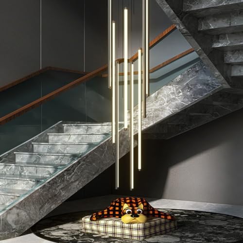 DOCJX LED Treppe Pendelleuchte Modern Treppenleuchte Hängeleuchte Dimmbarer Kronleuchter Aluminium Treppe Licht Höhenverstellbar Deckenleuchte Villa Treppenhaus 3000K–6000K Acryl Wohnzimmer Eingan(Inf von DOCJX