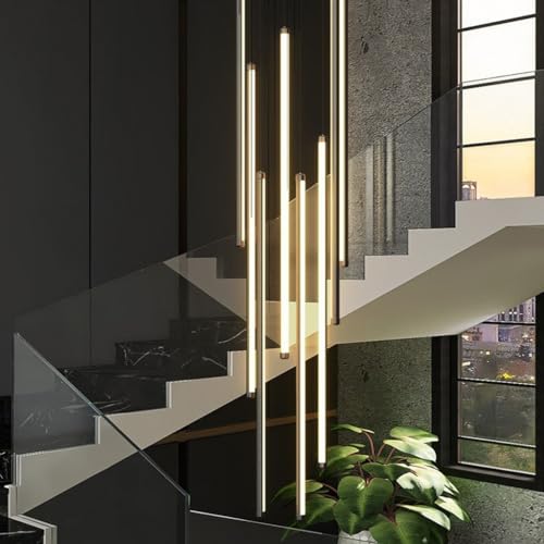 DOCJX LED Treppe Pendelleuchte Modern Treppenleuchte Hängeleuchte Dimmbarer Kronleuchter Aluminium Treppe Licht Höhenverstellbar Deckenleuchte Villa Treppenhaus 3000K–6000K Acryl Wohnzimmer Eingan(War von DOCJX