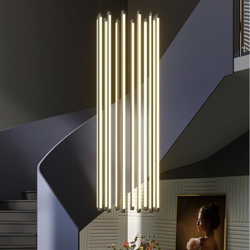 DOCJX LED Treppe Pendelleuchte Modern Treppenleuchte Hängeleuchte Dimmbarer Kronleuchter Aluminium Treppe Licht Höhenverstellbar Deckenleuchte Villa Treppenhaus 3000K–6000K Acryl Wohnzimmer Eingan(Inf von DOCJX
