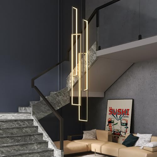 Modern LED Pendelleuchte Geometrie Hängeleuchte Dimmbar Treppenhaus Hängelampe Acryl Kronleuchter Treppenleuchte Pendellampe ​Höhenverstellbar Deckenleuchte Esstisch Treppe Wohnzimmer ( 4FLAME-200CM） von DOCJX