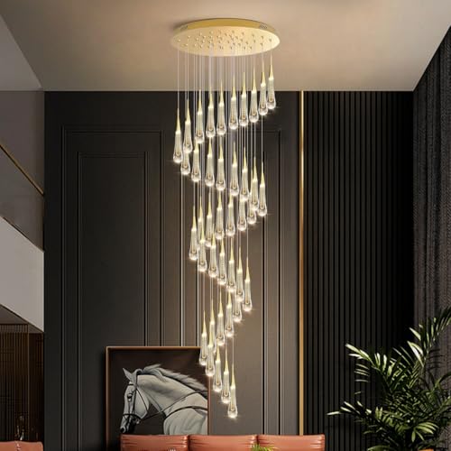 DOCJX Moderne LED Pendelleuchte Treppenlicht Mit 15 Regentropfen-Kristallen In Gold Kronleuchter Schwarz Dimmbar 3000K-6500K Fernbedienung Höhenverstellbar Für Wohnzimmer Esszimmer Villa(40 Lights) von DOCJX
