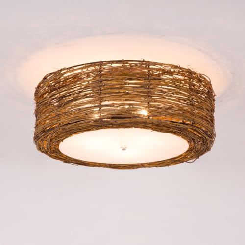 DOCJX Rattan Deckenleuchte Hängend E27 Boho Lampe Deckenlampe Vintage Bambus Mit Natürlicher Rattan Lampenschirm Flush Mount Hängeleuchten Rustikal Braun Für Wohnzimmer Schlafzimmer Esszimmer Küche Fl von DOCJX