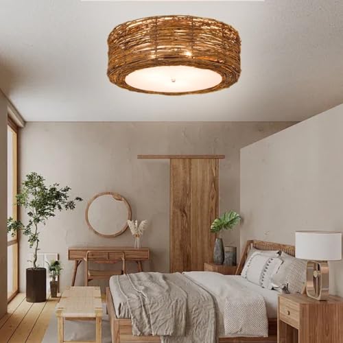 DOCJX Rattan Deckenleuchte Hängend E27 Boho Lampe Deckenlampe Vintage Bambus Mit Natürlicher Rattan Lampenschirm Flush Mount Hängeleuchten Rustikal Braun Für Wohnzimmer Schlafzimmer Esszimmer Küche Fl von DOCJX