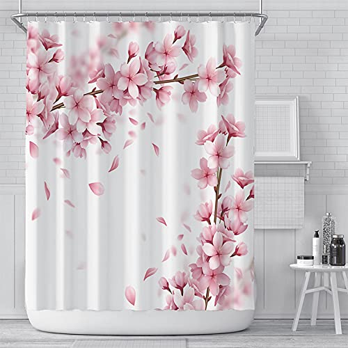 3D Pink Cherry Blossom Pfirsichblüten Duschvorhang Weißer Hintergrund Mädchen Badezimmer Wasserdichter Polyesterstoff Bildschirm Mit 12 Haken 183x200cm(72X79inch) von DOCPPE