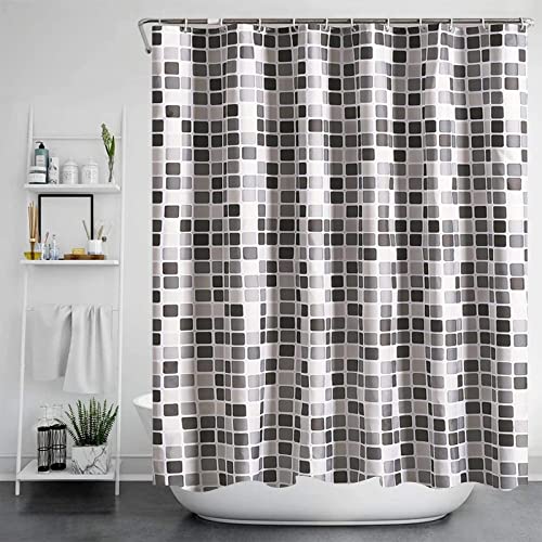 Moderner Mosaik-Plaid-Badezimmervorhang, Stoff, verdickt, wasserdicht, Duschvorhang, Badewannenvorhänge mit 12 Haken, extra lang, 140 x 183 cm (55 x 72 Zoll) von DOCPPE