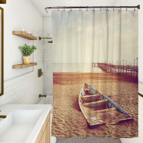 Nordischer Stil Duschvorhang XXL Strand Ozean Boot Out to Sea Bridge Küstenlandschaft Retro Duschvorhang Badezimmer Sets mit 12 Haken 183x200cm(72X79inch) von DOCPPE