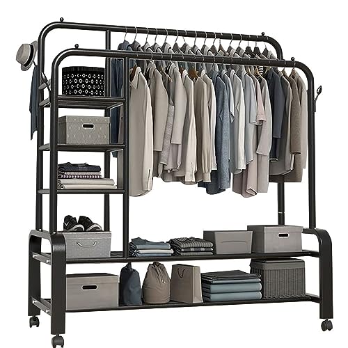 DODOBD Kleiderständer aus Metall, Multifunktionale Kleiderständer mit Rollen, Schlafzimmer, Kleiderstange, bis 100kg Belastbar, 360°Drehbare, für Flur, Eingangs: 120CM/140CM*50CM*135CM von DODOBD