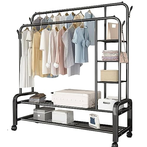 DODOBD Metall Garderobenständer, Kleiderständer mit Garderobenhaken, auf Rollen, Freistehender Kleiderbügel, 360°Drehbare, für Schlafzimmer, Wohnzimmer, Ladengeschäft : 135CM/150CM von DODOBD