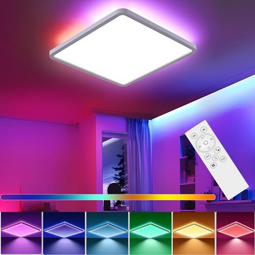 DODOPEN LED Deckenleuchte Dimmbar mit Fernbedienung 24W RGB Farbwechsel Led Deckenlampe 4000K Modern Quadrat Deckenbeleuchtung für Wohnzimmer Schlafzimmer Kinderzimmer Badezimmer 29 * 2.5cm von DODOPEN