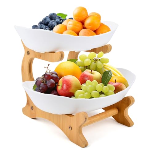 DODUOS Etagere 2 Etagen, Obst Etagere 2 Stöckig Obstschale Kunststoff, Weiß Obstkorb Etagere 2 Stöckig mit Natürlichem Bambus Ständer Servierteller für Obst, Kuchen, Süßigkeiten von DODUOS