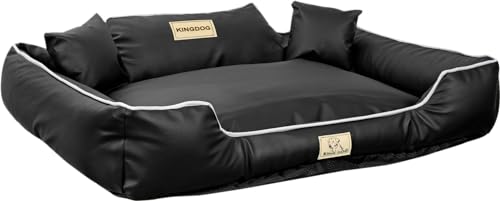 DODfactory KingDog Hundebett Kunstleder mit Kissen, Personalisiert mit dem Namen Ihres Haustieres, Abnehmbar mit Reißverschluss, Hundebett Rutschfestes und Wasserdichtes (115 x 95 cm, Schwarz) von DODfactory