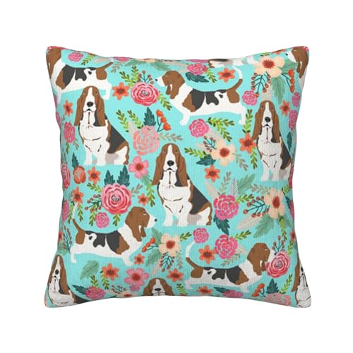 DOFFO Süßer Basset Hound Florals bedruckter Cord-Kissenbezug, Herbst-Kissenbezüge, weicher quadratischer Kissenbezug für Zuhause, Couch, Sofa, Bett, Stuhl, dekorative Geschenke, 45 x 45 cm von DOFFO