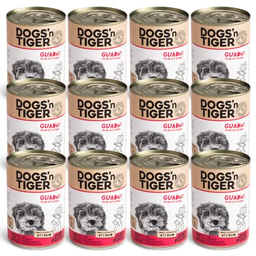 Dogs’n Tiger Adult Premium Hundefutter Guadn, Nassfutter, tiergerechte Rezeptur mit 67% Fleischanteil an Rind, Leinsamenöl & Kräuter – ohne Zucker, Getreide & künstliche Aromen, 12x 400g von DOGS' n TIGER