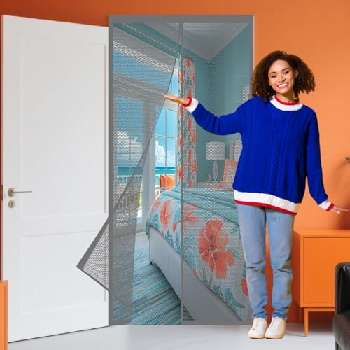 Fliegengitter Balkontür 94 x 280 cm Stärkere Magneten Magnet Insektenschutz für Wohnzimmer Schiebetür, Grau von DOGUO