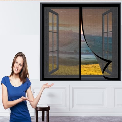 Fliegengitter Fenster Insect Stop 100 x 128 cm Fliegengitter für Fenster Ohne Bohren Automatisches Schließen Magnetvorhang für Balkontür Terrassentür, Schwarz von DOGUO