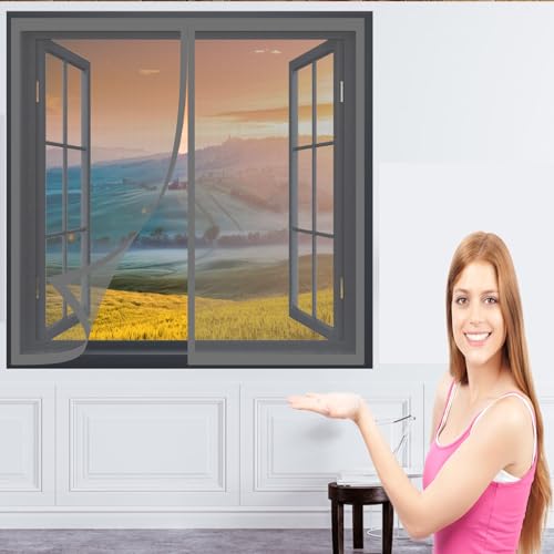 Insektenschutz Fliegengitter Fenster 140 x 124 cm Fliegengitter Magnet Einfache Installation Auto Schließen Magnet Fliegengitter für Alle Universalfenster, Grau von DOGUO