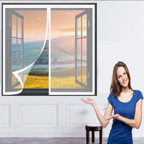 Insektenschutz Fliegengitter Fenster 86 x 116 cm Insektenschutz Fenster Kein Bohren Kinderleichte Montage Magnet Fliegengitter für Alle Universalfenster, Weiß von DOGUO