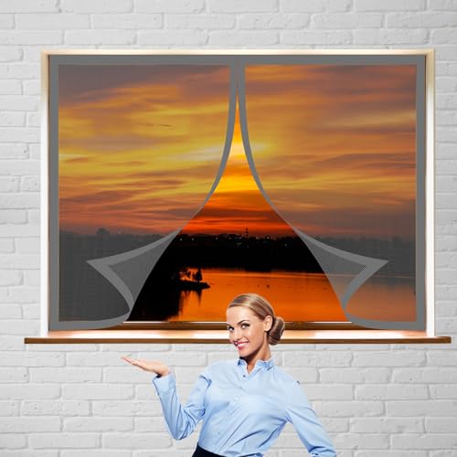 Insektenschutz für Fenster 120 x 125 cm Fliegengitter für Fenster Ohne Bohren Automatisches Schließen Magnetvorhang für Balkontür Terrassentür, Grau von DOGUO