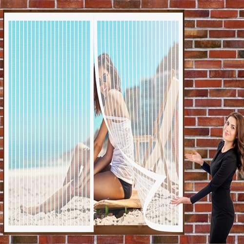 Magnet Vorhang Fliegenvorhang 96 x 200 cm Fenster Mückengitter Ohne Bohren Automatisches Schließen Magnet Fliegengitter für Alle Universalfenster, Weiß von DOGUO