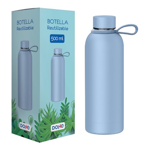 ‎DOHE - Thermosflasche aus Edelstahl, 500 ml, hält 24 Stunden kalt, 12 Stunden heiß, BPA-frei, luftdichter Verschluss und Tragegriff, Blau von DOHE